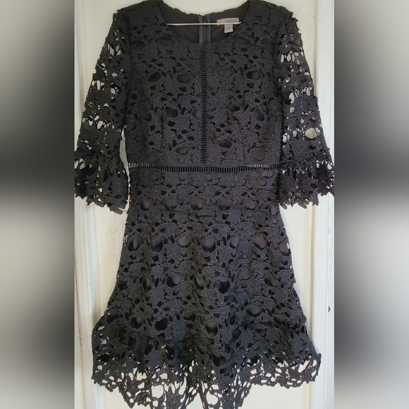 New Love X Design Jet Black Bell Sleeve Lace Mini Dress Fit And Flare Medium - Picture 4 of 16